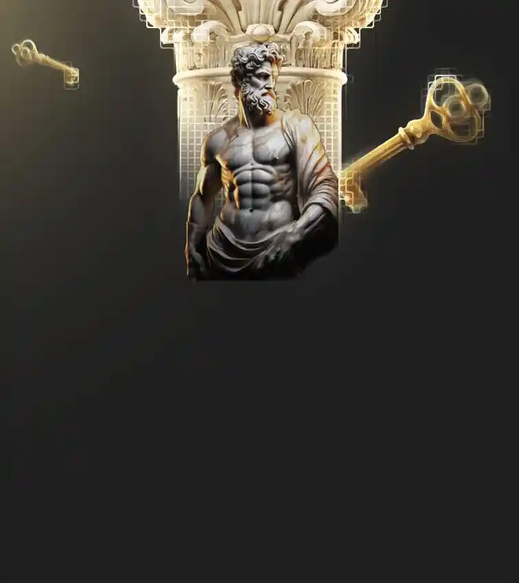 Estátua estoica diante de uma coluna, entre duas chaves douradas
